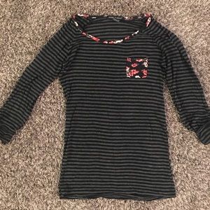Black & Grey Striped Shirt with Floral Accents S